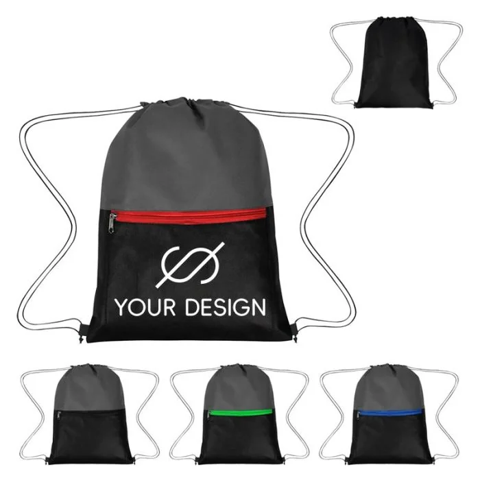 Custom Water-Resistant Triad Non-Woven Drawstring Bag with Front Zipper 17"H x 13" W 