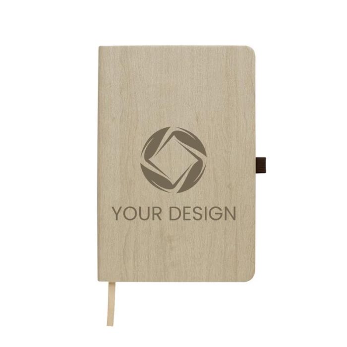 Custom Woodgrain Look Notebook with Matching Bookmark & Pen Loop (8" H x 6" W)