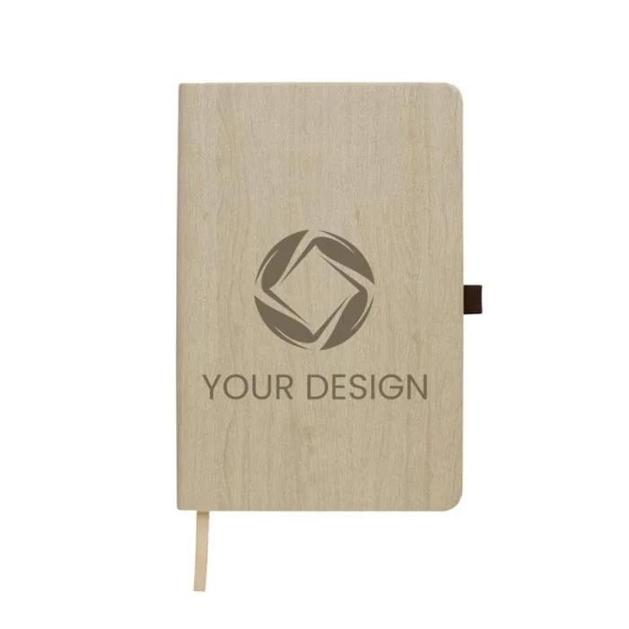 Custom Woodgrain Look Notebook with Matching Bookmark & Pen Loop (8" H x 6" W)