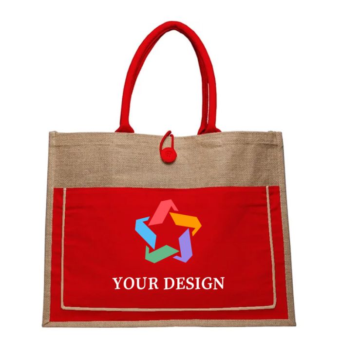 Customizable Stylish Cotton Pocket Jute Tote Bag 13.75"H x 17.75" W 