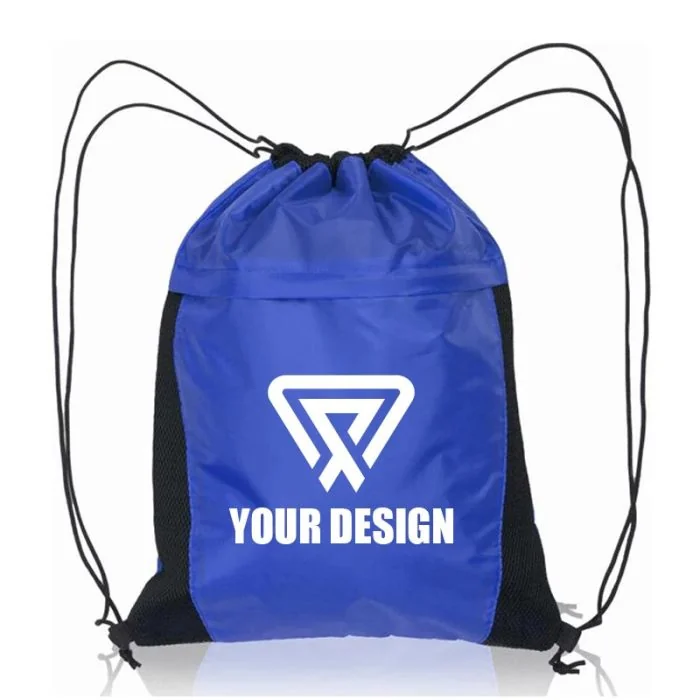 Customizable Two-Tone Mesh Accent Drawstring Backpack with Zippered Pocket 17"H x 13.5" W