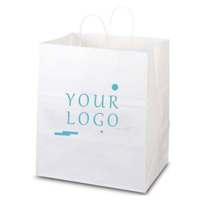 Custom White Paper Bag 14W x 15.5H Takeout Bags Kraft Shopping Retail Tote