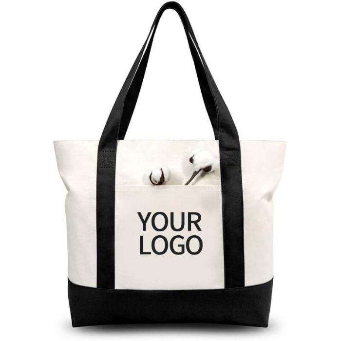 Custom Heavy Duty 21"W x 15"H Handbag Black White Canvas Boat Carryall ECO Friendly Shopping Bag