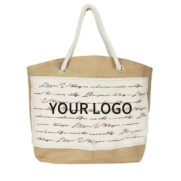 Custom Jute Tote Bag 14W x 16H with Cotton Rope Shopping Tote Promotional Eco-friendly Cosmetic Makeup Grocery Bag