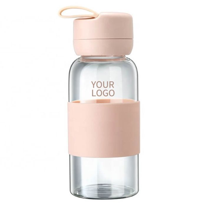 Customizable Logo BPA-free 360ml Leakproof Borosilicate Glass Water Bottle  with Silicone Sleeve and Carrying Handle
