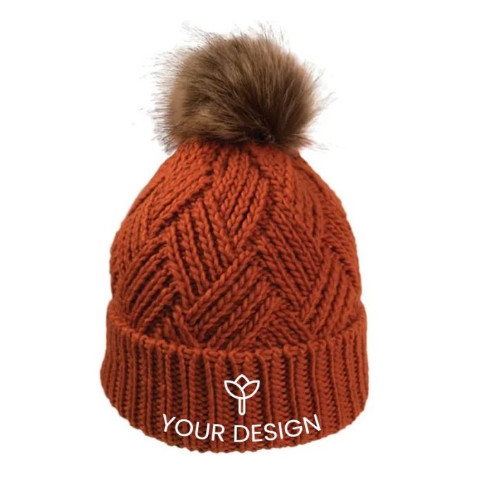 Customized Stylish Cross Hatch Winter Beanies with Faux Fur Pom