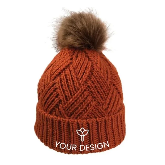 Customized Stylish Cross Hatch Winter Beanies with Faux Fur Pom