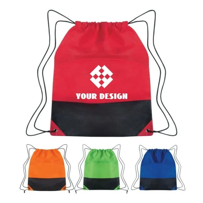 Versatile Non-woven Two-tone Drawstring Sports Pack with Outside Pocket 17"H x 14" W