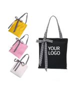 Custom Cotton Shopping 13.39"W x 14.96"H Bags matching with Plaid Bow-knot and Handles Zippered Grocery Bags for Books Cosmetics