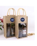 Custom Jute Wine Bag Reusable Retail Shopping Tote Grocery Heavy duty Gift Bags with A Clear Window for Wine Candies
