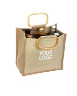 Custom Non-woven Jute Wine Bottle Bag Retail Grocery Tote Shopping Gift Bags with Alloy Handles for 6 Bottles