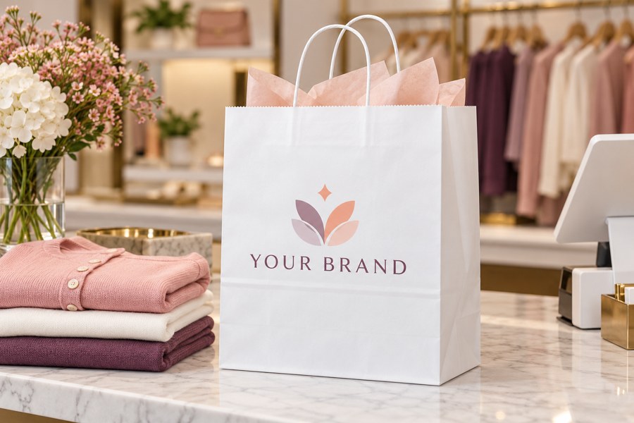 Illustrative white kraft paper bag for Boutiques and retail