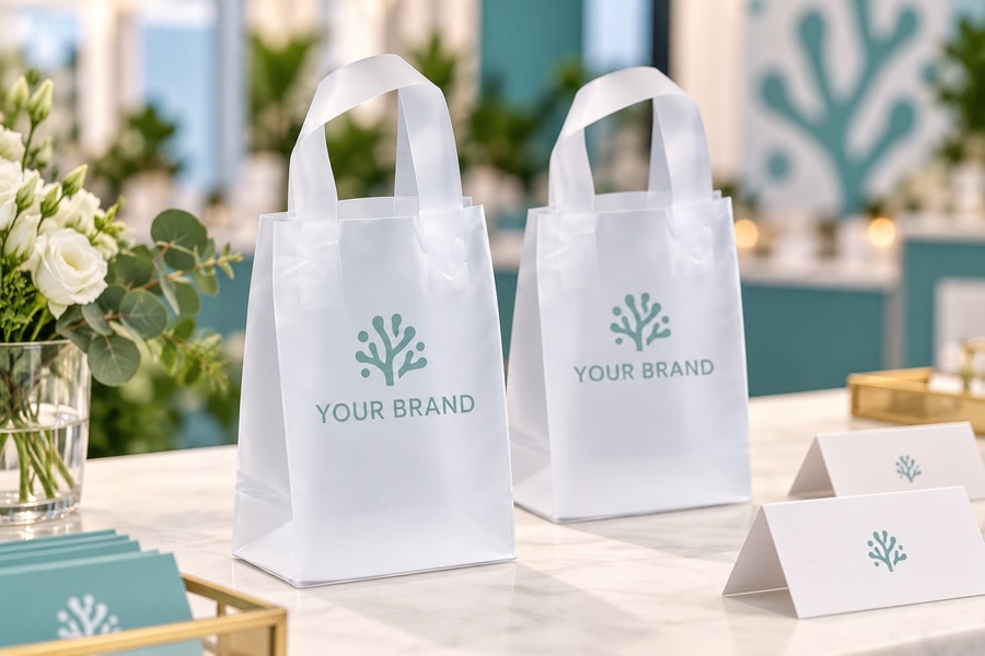 Illustrative small branded frosted bags on an event welcome desk