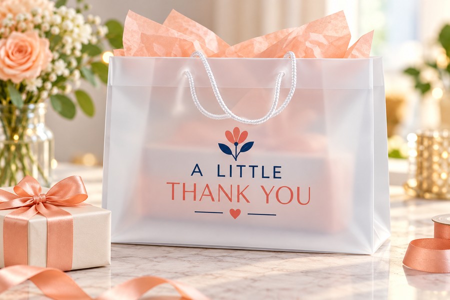 Illustrative frosted rope-handle shopping bag application: Gifts & appreciation