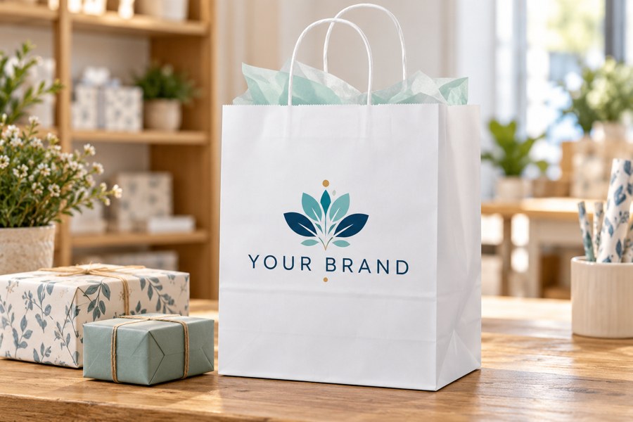 Illustrative white kraft paper bag for Gift shops and gifting