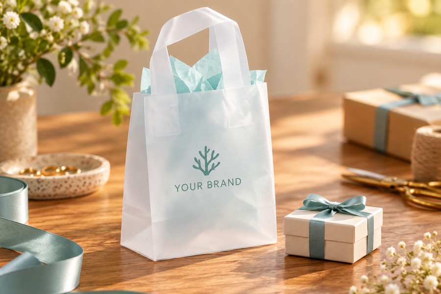 Illustrative compact frosted gift bag beside a small accessory box