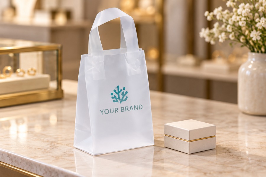 Illustrative small frosted plastic retail bag with sample full-color logo at a boutique counter