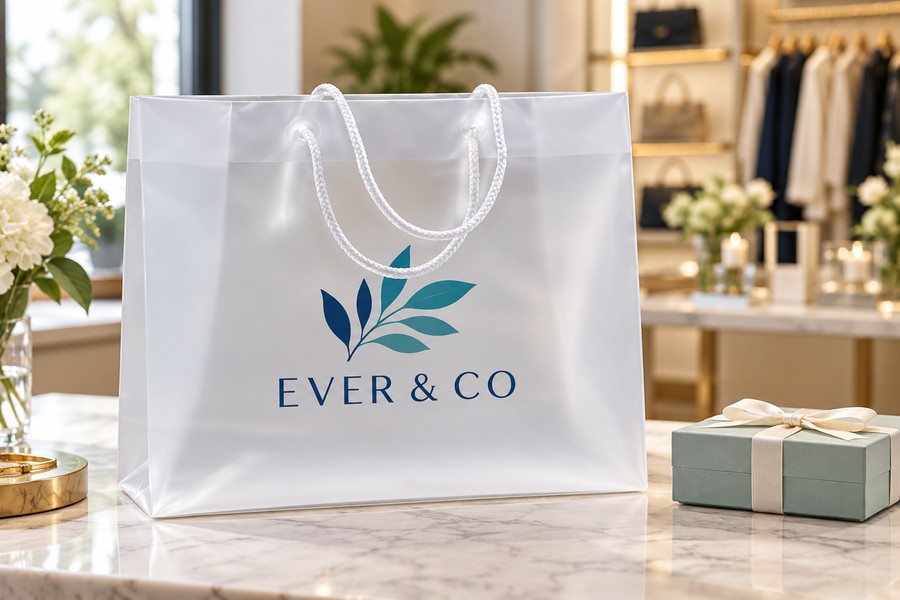 Illustrative frosted shopping bag with sample logo at a boutique counter