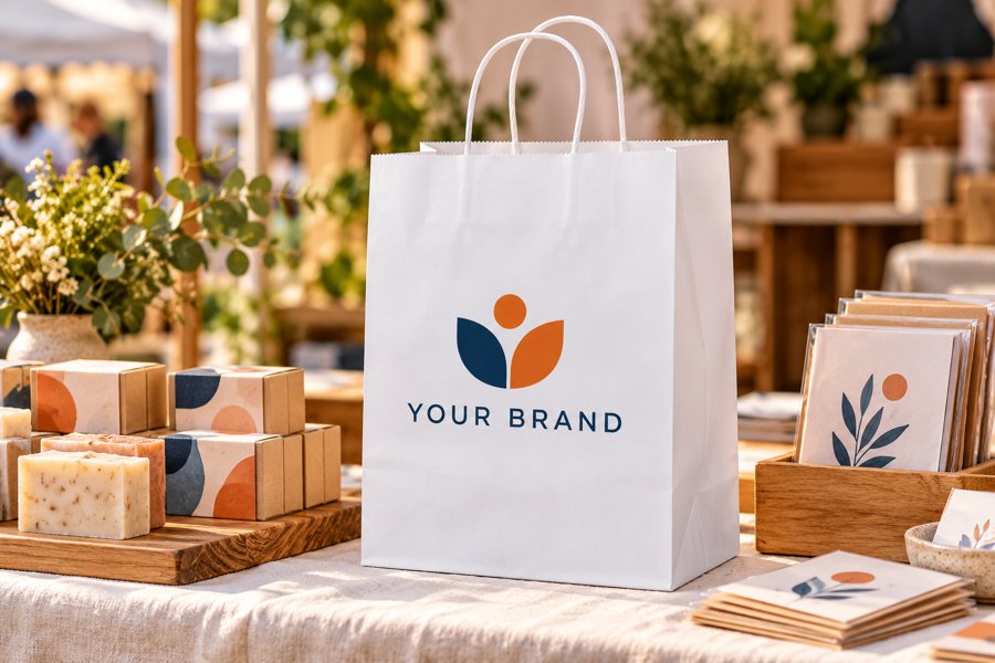 Illustrative white kraft paper bag for Pop-ups and maker markets