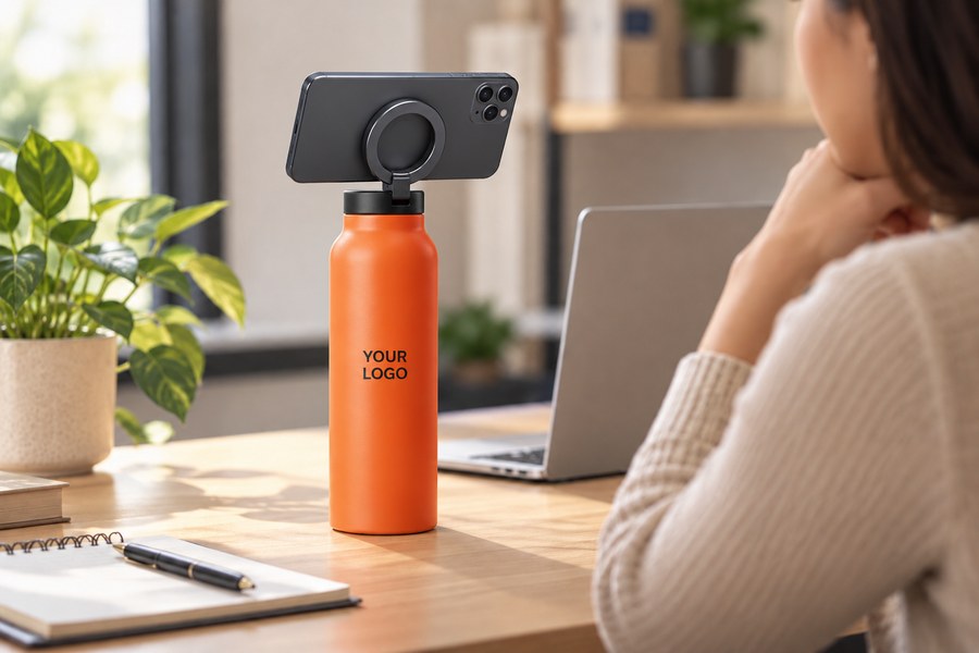 Illustrative bottle with magnetic phone holder on a desk