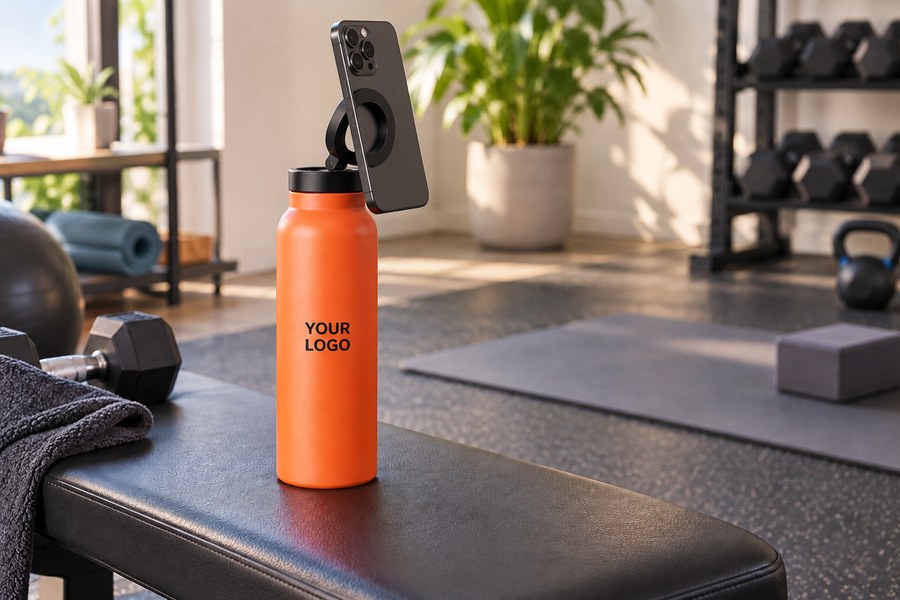 Illustrative magnetic-lid bottle supporting a phone at a home workout bench