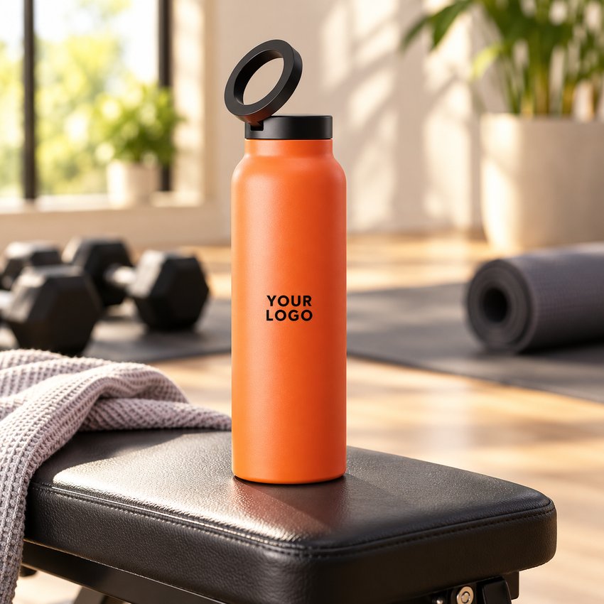 Illustrative custom orange magnetic-lid water bottle at a home workout space