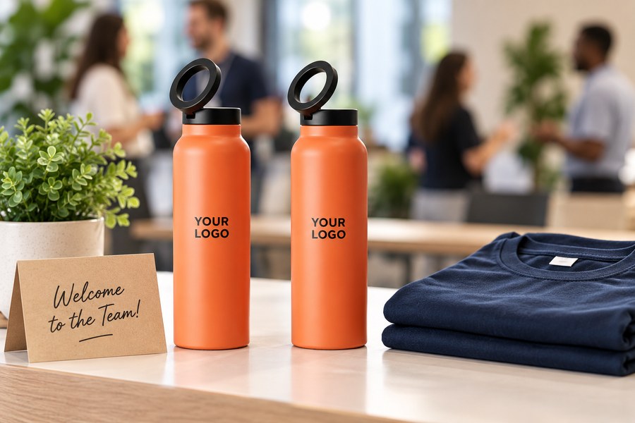 Illustrative custom orange bottles at a team welcome desk