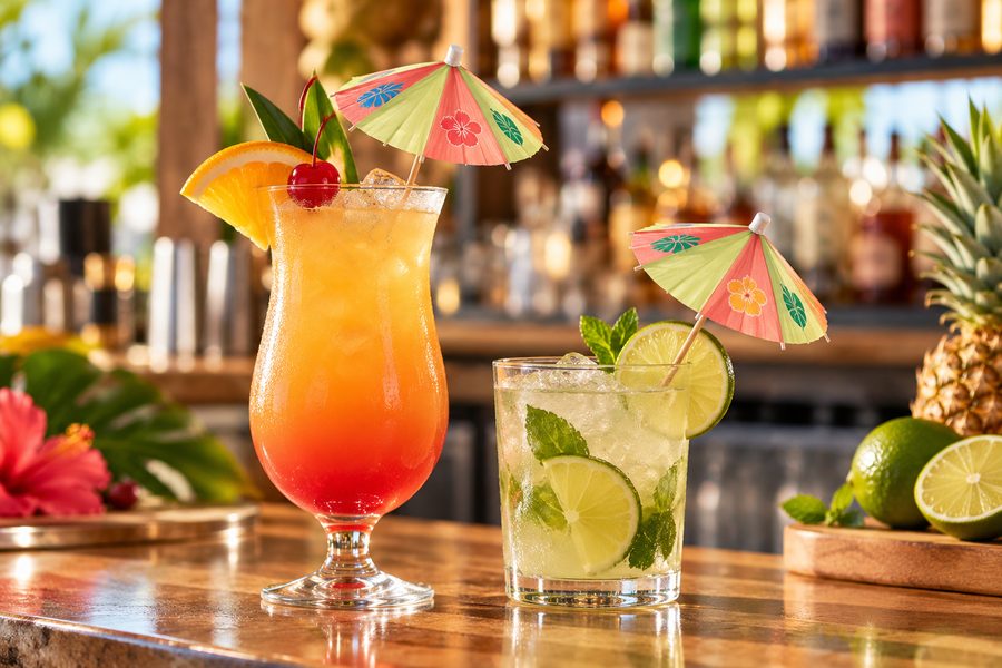 Illustrative bar drinks with personalized paper cocktail umbrellas