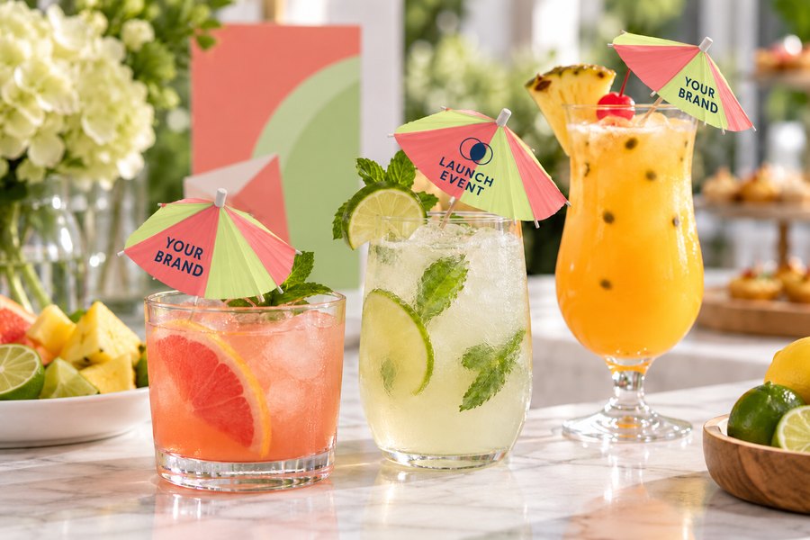Illustrative brand launch refreshments with YOUR BRAND and LAUNCH EVENT printed paper umbrellas