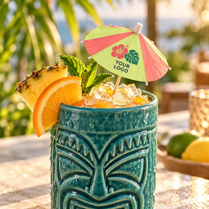 Illustrative tropical drink in a teal cup with a personalized paper umbrella