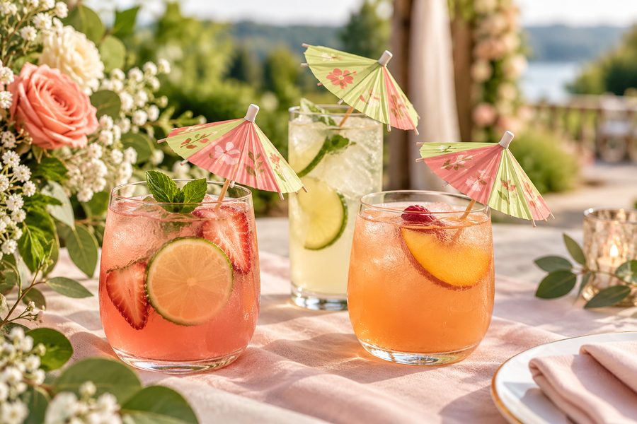 Illustrative wedding welcome drinks with coordinated paper cocktail umbrellas