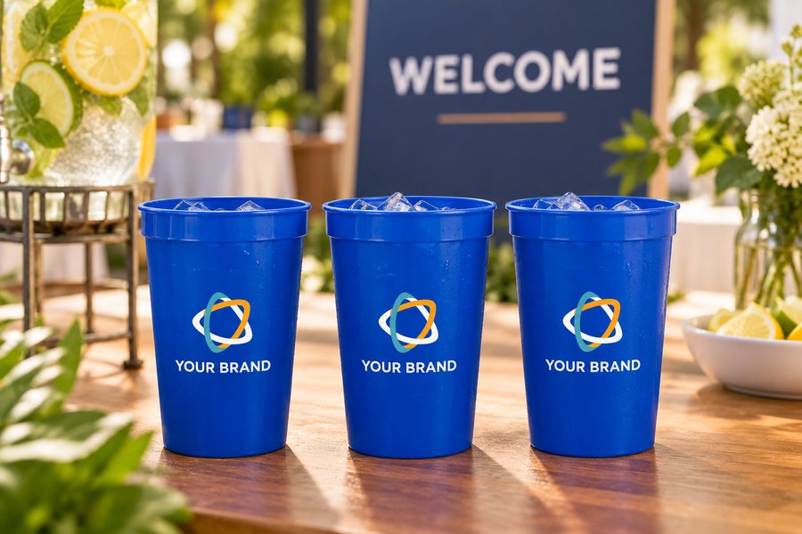 Illustrative full-color branded blue plastic cups at a launch event