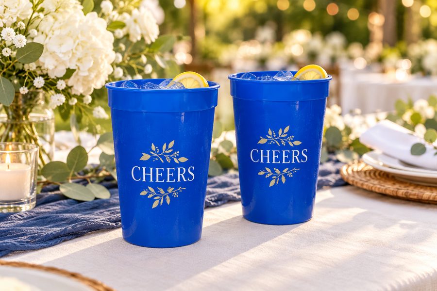 Illustrative royal-blue custom stadium cups at a celebration table