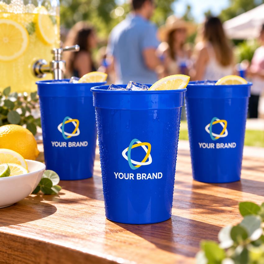 Illustrative full-color printed blue plastic cups at an event refreshment table