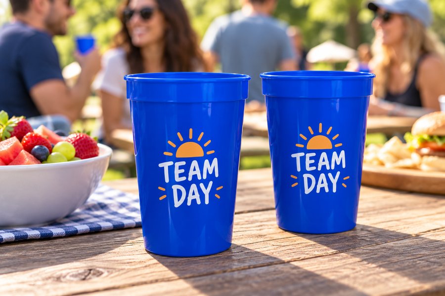 Illustrative personalized royal-blue cups at a team picnic