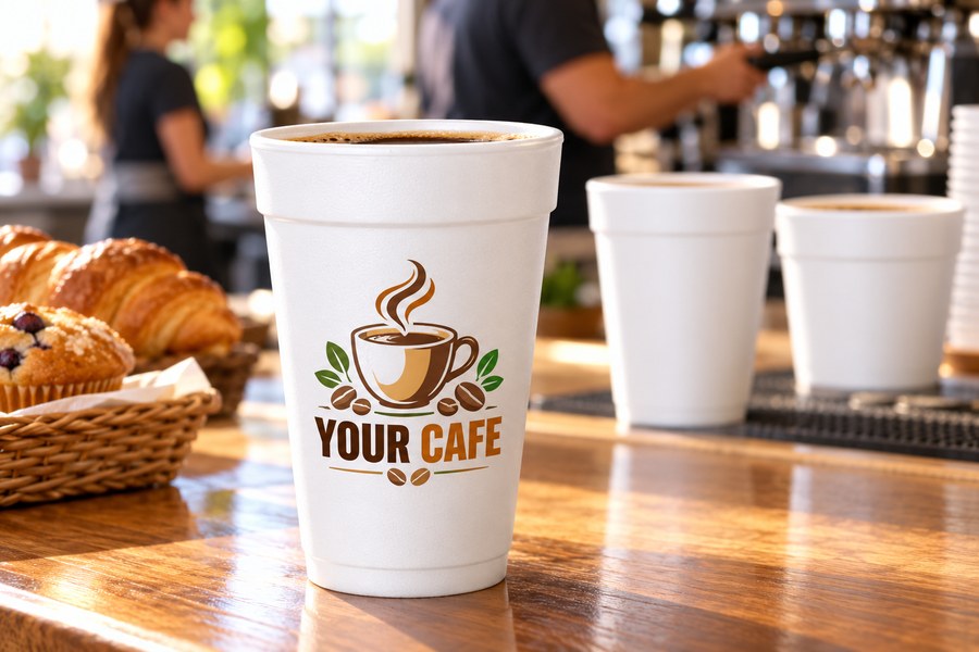 Illustrative custom white foam coffee cups at a café counter