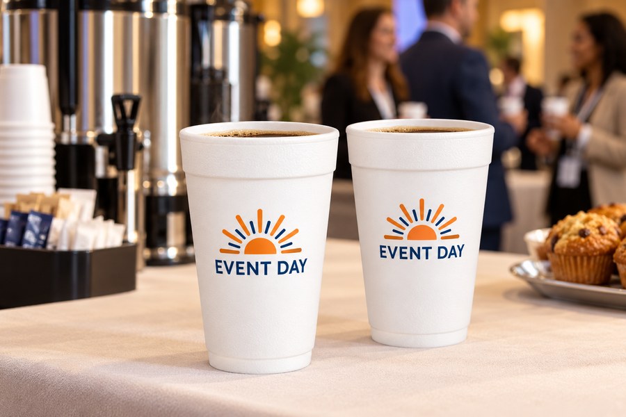 Illustrative custom white foam cups at an event coffee station