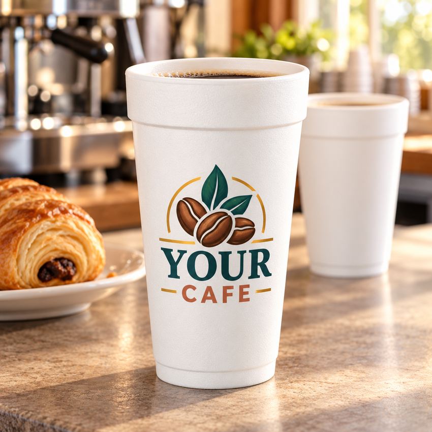 Illustrative white custom foam coffee cup with sample café artwork at a coffee counter