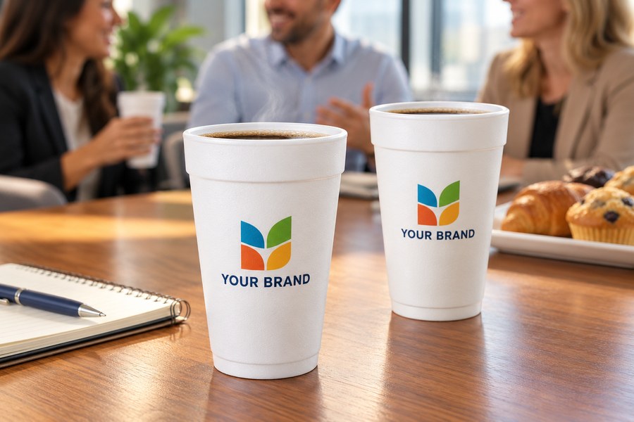 Illustrative branded white foam cups at an office coffee break