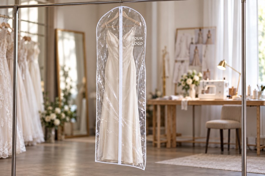 Illustrative clear PVC garment bag application: Bridal boutiques & alterations