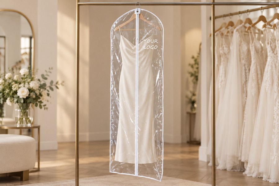 Illustrative clear PVC garment cover with sample logo around a slim ivory dress in a bridal boutique