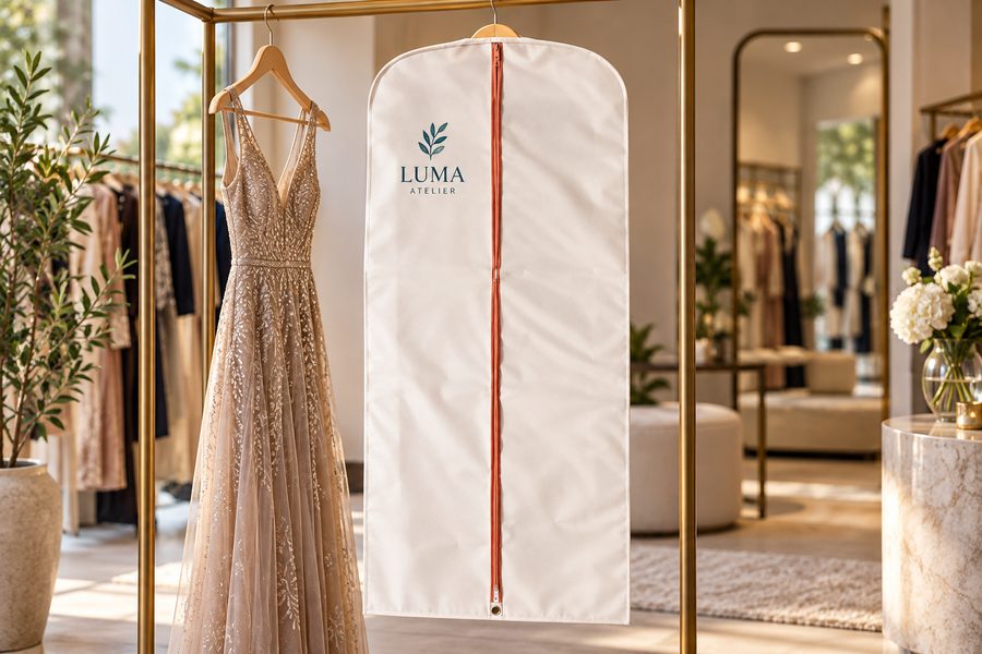 Illustrative long ivory non-woven garment bag with sample logo and contrasting front zipper in a boutique