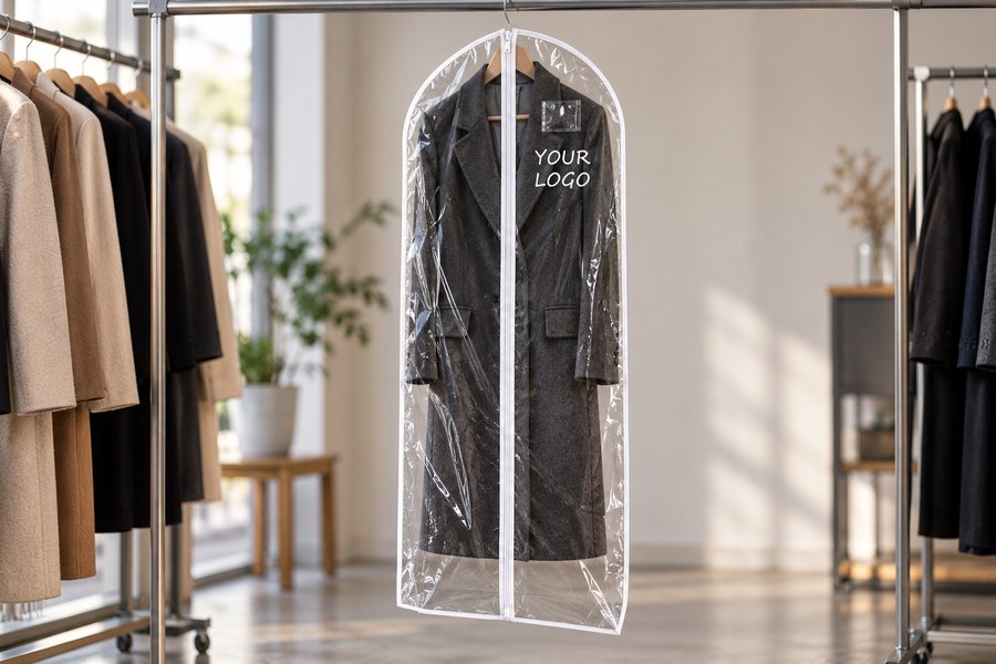 Illustrative clear PVC garment bag application: Long coats & occasion wear