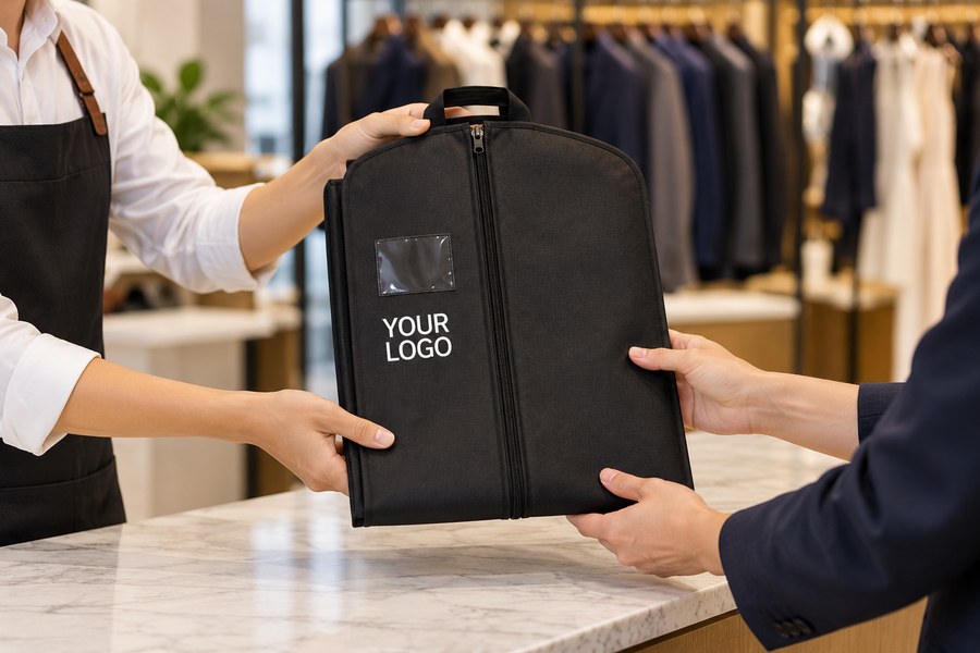 Illustrative folded branded garment bag being handed to a clothing customer