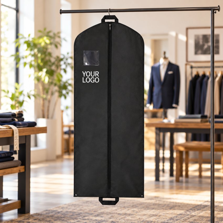 Illustrative black custom non-woven garment bag hanging in a tailoring studio