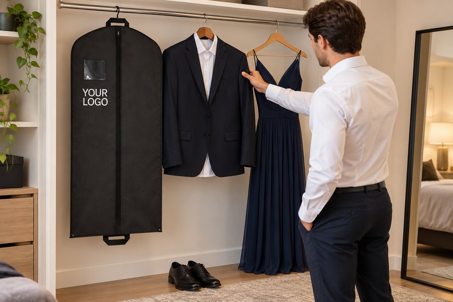 Illustrative non-woven garment bag beside clothes for a formal occasion