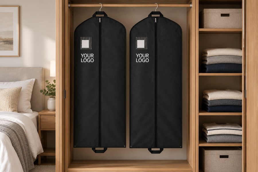 Illustrative garment bags with identification cards in a wardrobe
