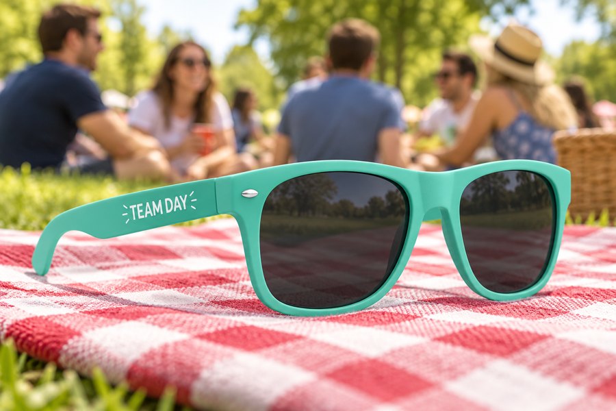 Illustrative mint-green custom sunglasses for Team gatherings & community days