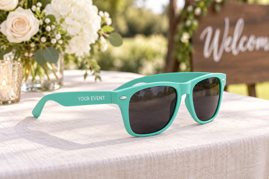 Illustrative mint-green custom sunglasses for Outdoor weddings & celebrations