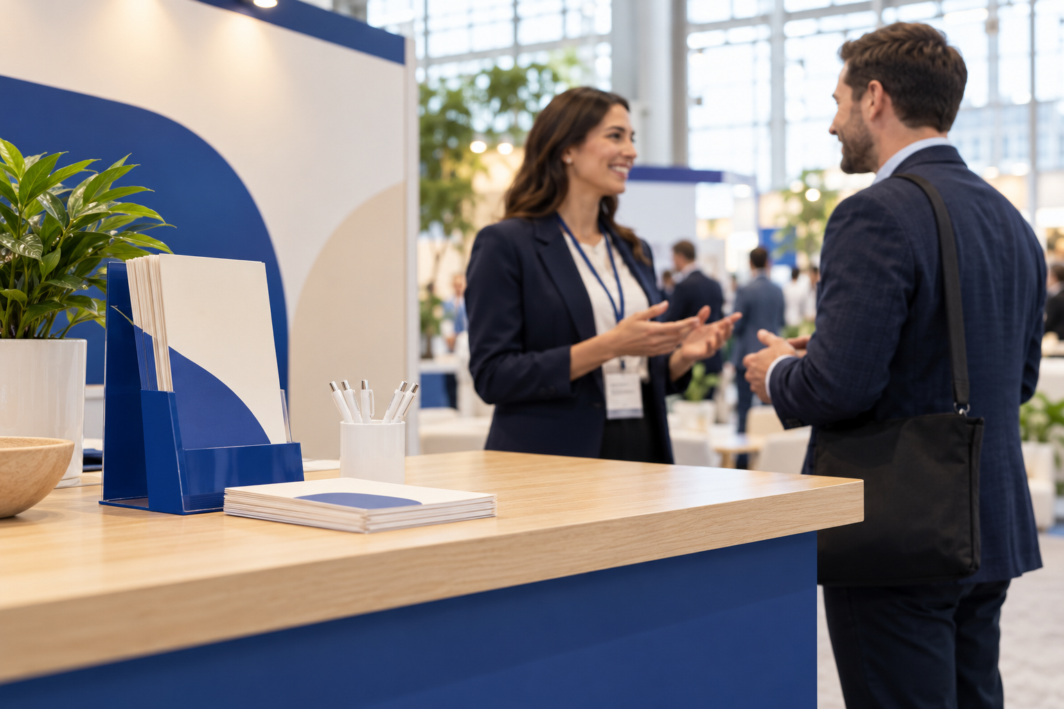 Illustrative trade-show setting with a business conversation at an exhibition counter